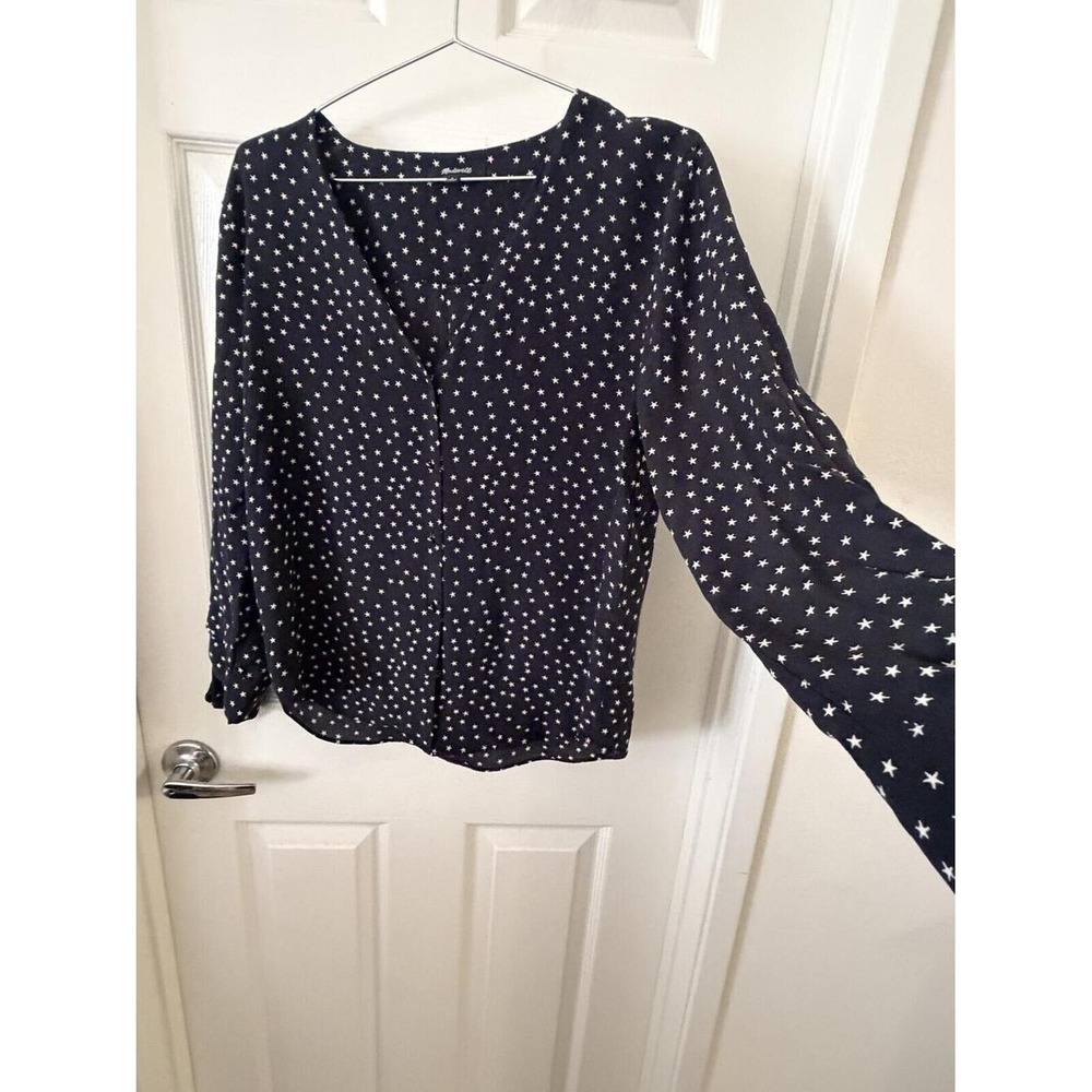 Madewell Black Star Print Long Sleeve Blouse with Tie Cuffs, Size Large - Picture 4 of 5